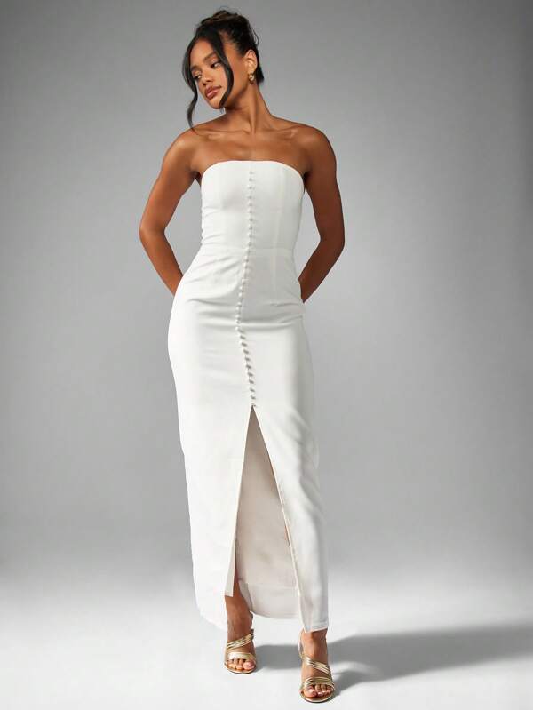 MISSGUIDED Strapless Button Front Maxi Dress With Front Slit