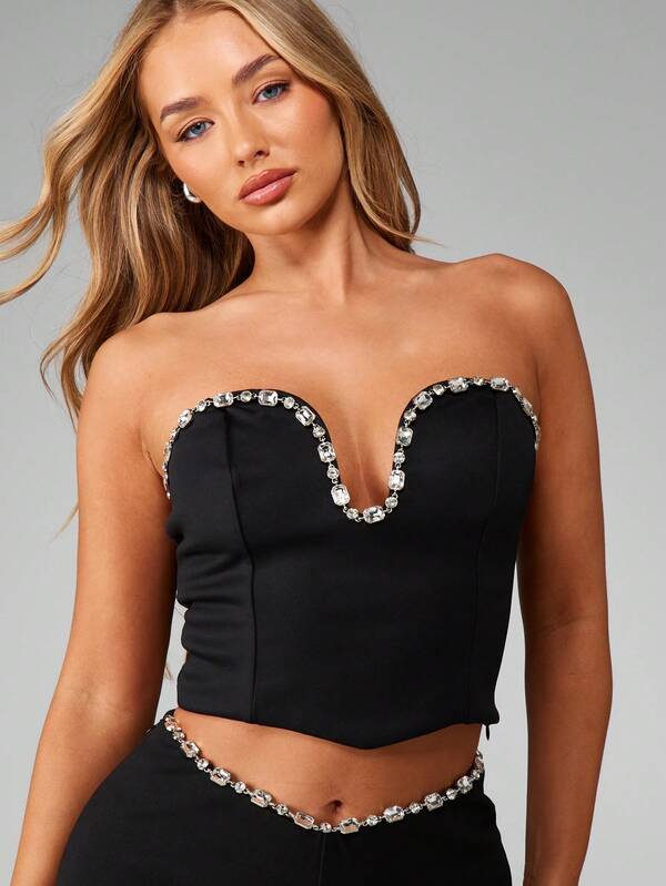 MISSGUIDED Strapless Corset Top With Crystal Trim Design