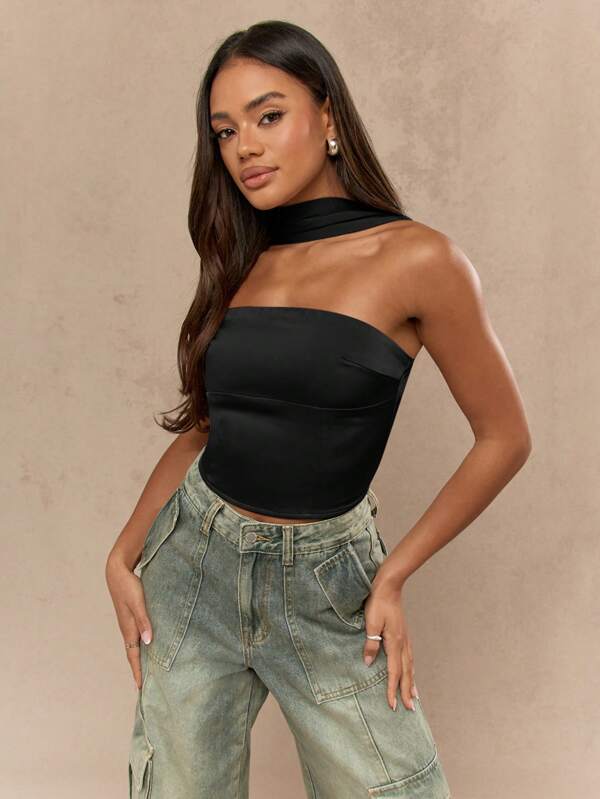 MISSGUIDED Strapless Corset Top With Neck Scarf