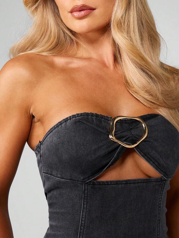 MISSGUIDED Strapless Denim Bodycon Dress With Metal Ring