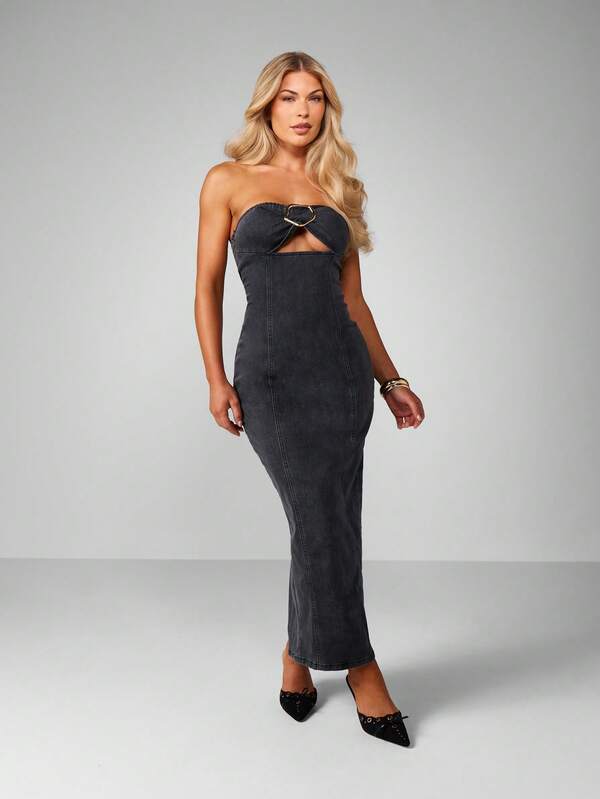 MISSGUIDED Strapless Denim Bodycon Dress With Metal Ring