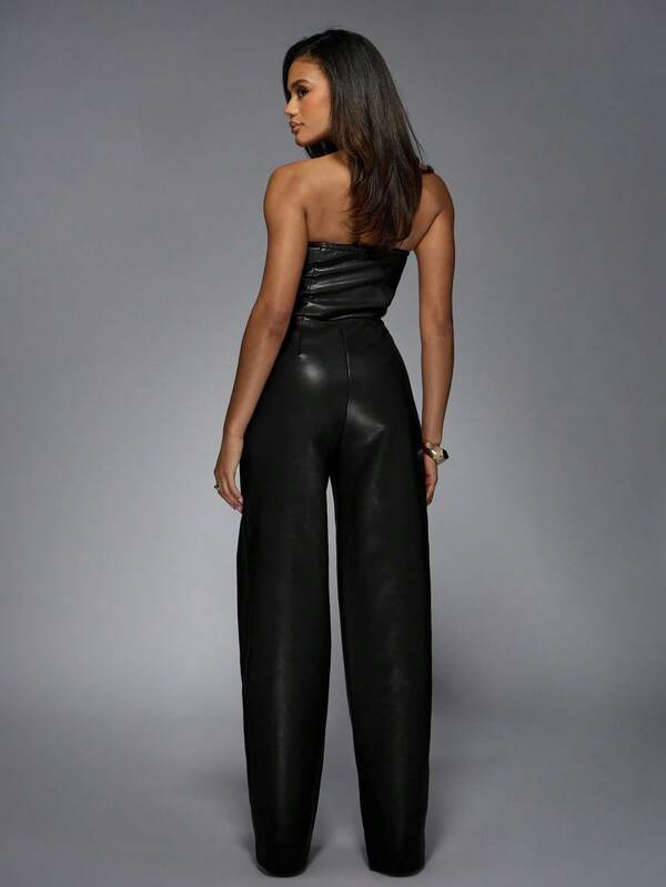 MISSGUIDED Strapless Faux Leather Jumpsuit With Wide Leg Design