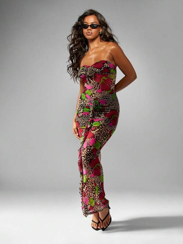 MISSGUIDED Strapless Floral Print Ruched Midaxi Dress