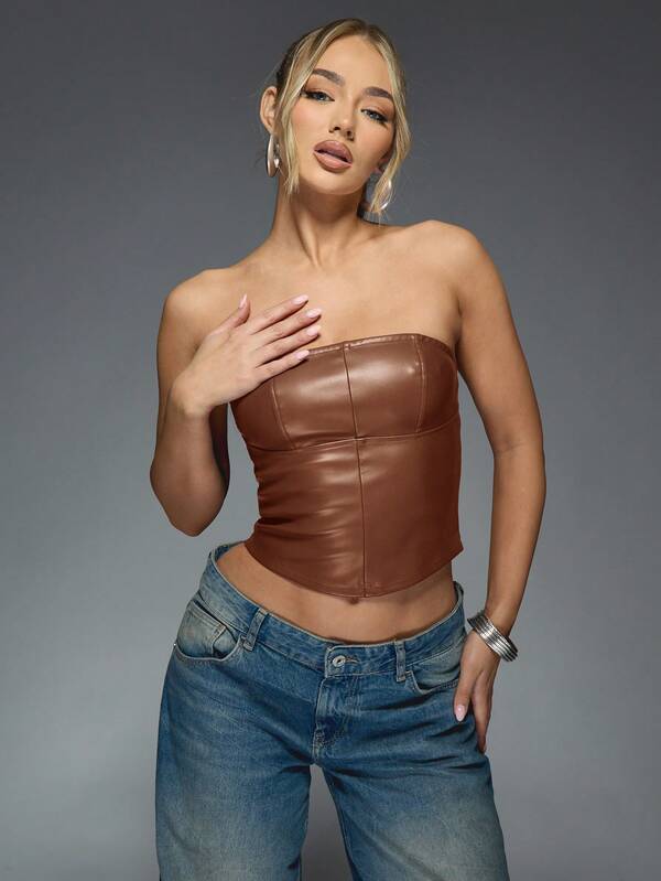 MISSGUIDED Strapless Leather Corset Top With Paneled Design