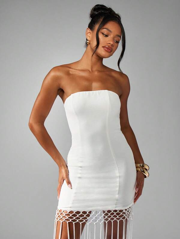MISSGUIDED Strapless Mini Dress With Macrame Fringe Detail