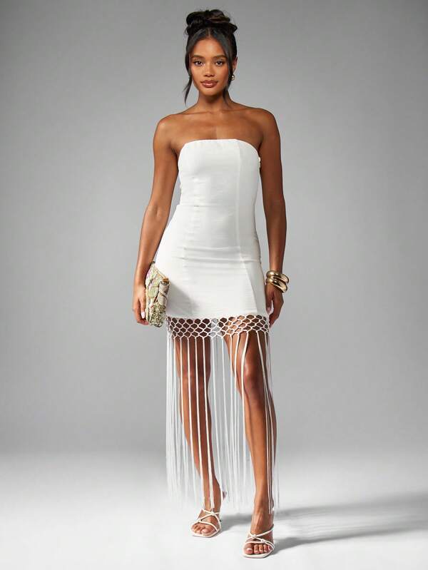 MISSGUIDED Strapless Mini Dress With Macrame Fringe Detail