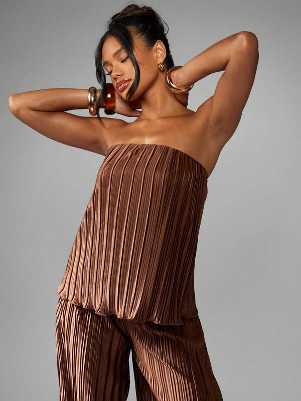 MISSGUIDED Strapless Pleated Top With Wide Leg Palazzo Pants