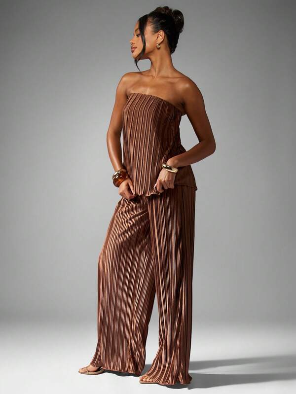 MISSGUIDED Strapless Pleated Top With Wide Leg Palazzo Pants