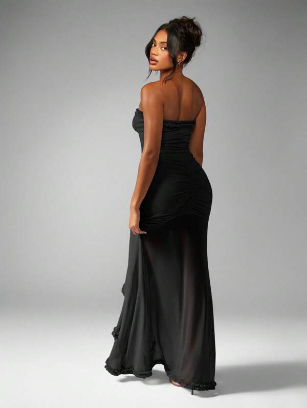 MISSGUIDED Strapless Ruched Maxi Dress With Ruffled Slit