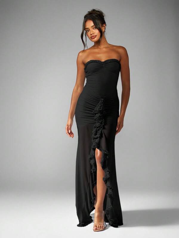MISSGUIDED Strapless Ruched Maxi Dress With Ruffled Slit