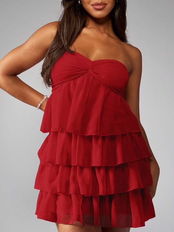 MISSGUIDED Strapless Ruffle Mini Dress With Tiered Layers And Twist Bust