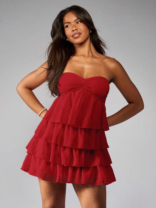 MISSGUIDED Strapless Ruffle Mini Dress With Tiered Layers And Twist Bust