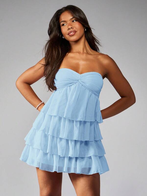 MISSGUIDED Strapless Ruffle Tiered Mini Dress With Twist Bust