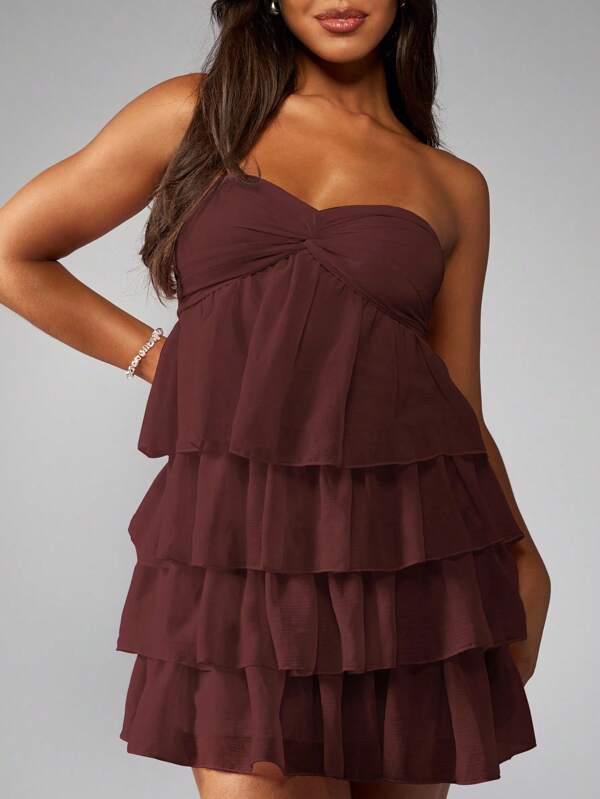 MISSGUIDED Strapless Ruffle Tiered Twist Front Empire Waist Mini Dress