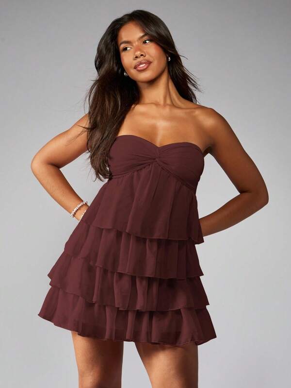MISSGUIDED Strapless Ruffle Tiered Twist Front Empire Waist Mini Dress