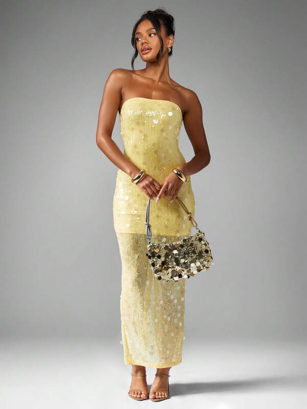 MISSGUIDED Strapless Sequin Column Maxi Dress With Back Slit