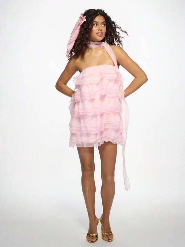 MISSGUIDED Strapless Tiered Ruffle Mini Dress Features Sheer Neck Scarf