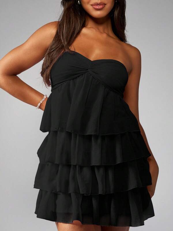 MISSGUIDED Strapless Tiered Ruffle Twisted Bust Mini Dress