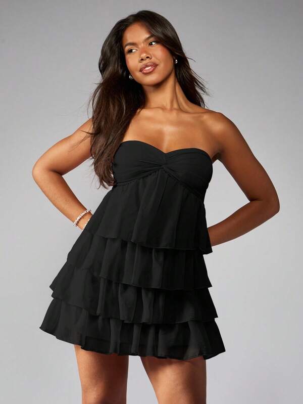 MISSGUIDED Strapless Tiered Ruffle Twisted Bust Mini Dress