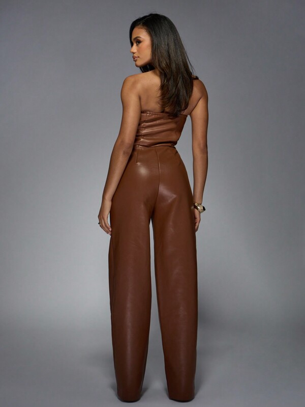 MISSGUIDED Strapless Wide Leg Leather Jumpsuit With Pleated Detail