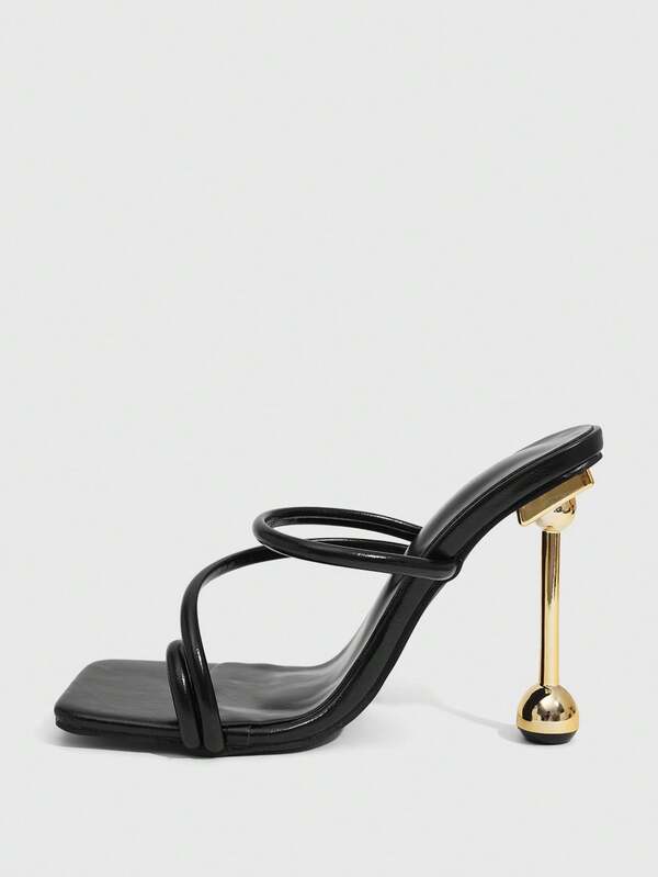 MISSGUIDED Strappy Mule Sandals With Architectural Gold Ball Heel