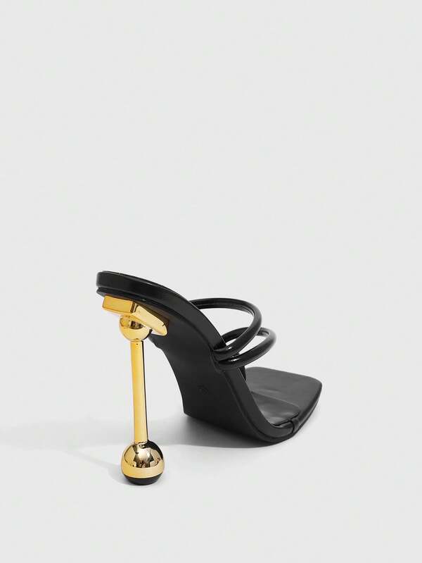 MISSGUIDED Strappy Mule Sandals With Architectural Gold Ball Heel