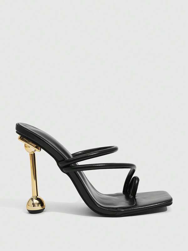 MISSGUIDED Strappy Mule Sandals With Architectural Gold Ball Heel