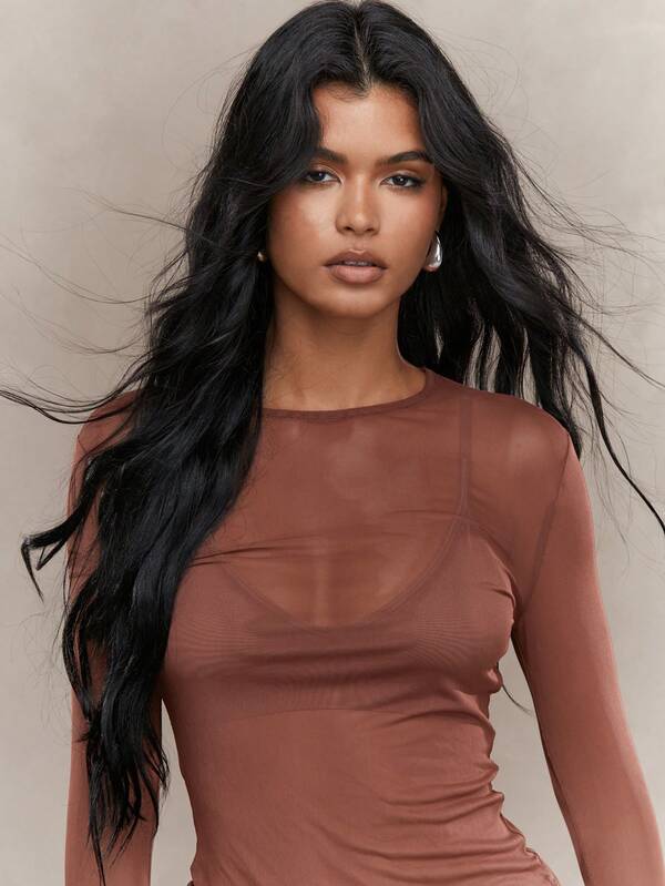 MISSGUIDED Street Sheer Mesh Thumb Hole Long Sleeve Top