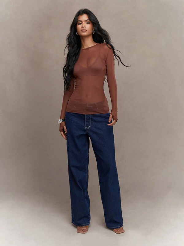 MISSGUIDED Street Sheer Mesh Thumb Hole Long Sleeve Top