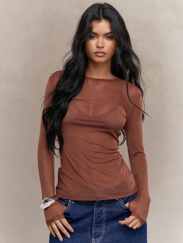 MISSGUIDED Street Sheer Mesh Thumb Hole Long Sleeve Top