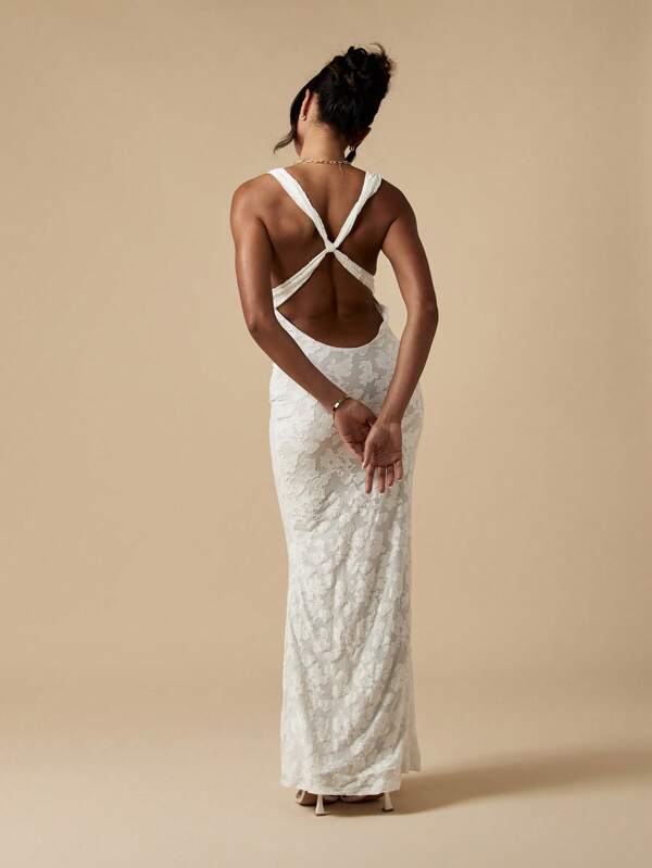 MISSGUIDED Stretch Devore Crisscross Back Floor Length Maxi Gown