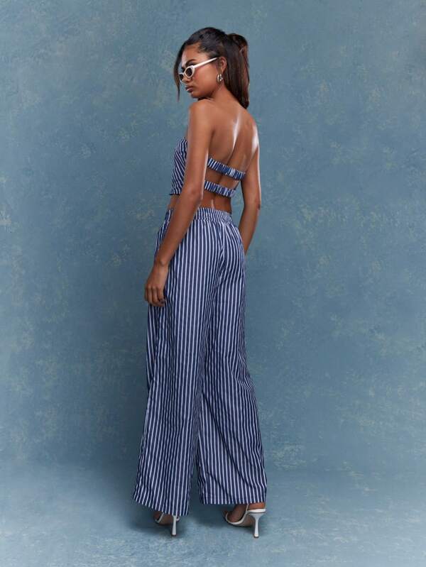 MISSGUIDED Stripe Bandeau Top And Wide Leg Pajama Pants Co-Ord