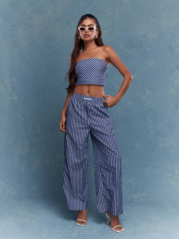 MISSGUIDED Stripe Bandeau Top And Wide Leg Pajama Pants Co-Ord