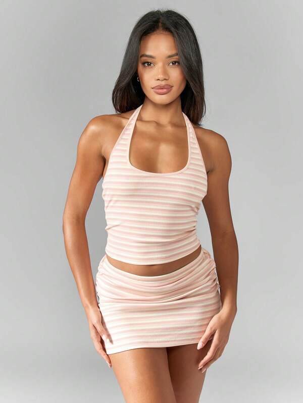 MISSGUIDED Stripe Halter Neck Top And Bodycon Mini Skirt Two Piece Co Ord Set
