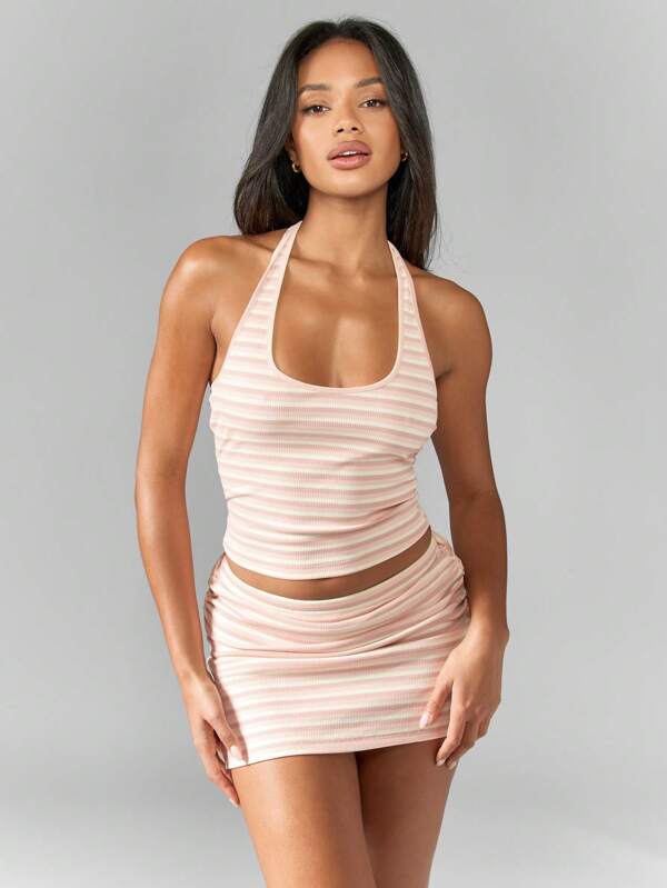MISSGUIDED Stripe Halter Neck Top And Bodycon Mini Skirt Two Piece Co Ord Set