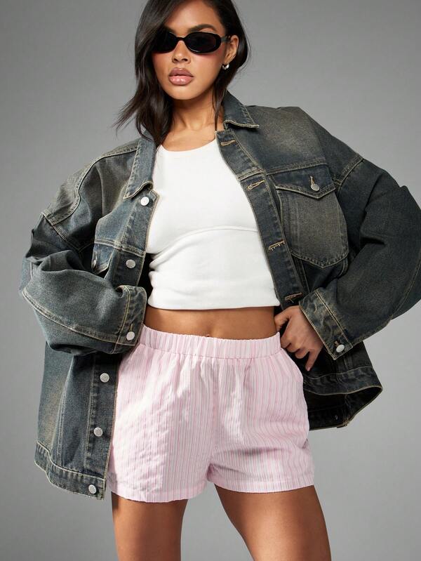 MISSGUIDED Stripe Pattern Summer Shorts With Elastic Waist