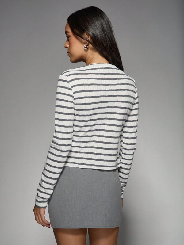 MISSGUIDED Stripe Pointelle Button Front Long Sleeve Cardigan