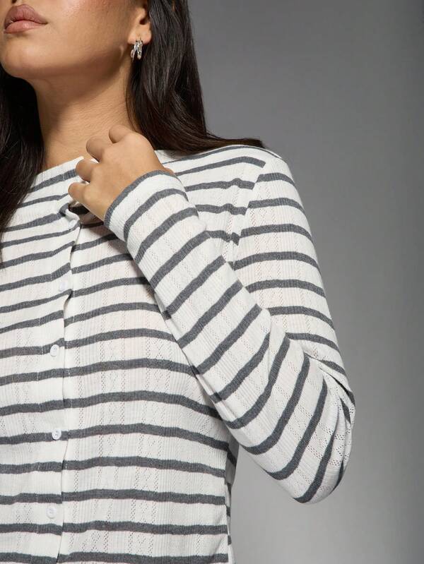 MISSGUIDED Stripe Pointelle Button Front Long Sleeve Cardigan