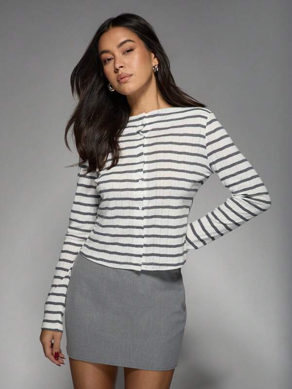 MISSGUIDED Stripe Pointelle Button Front Long Sleeve Cardigan
