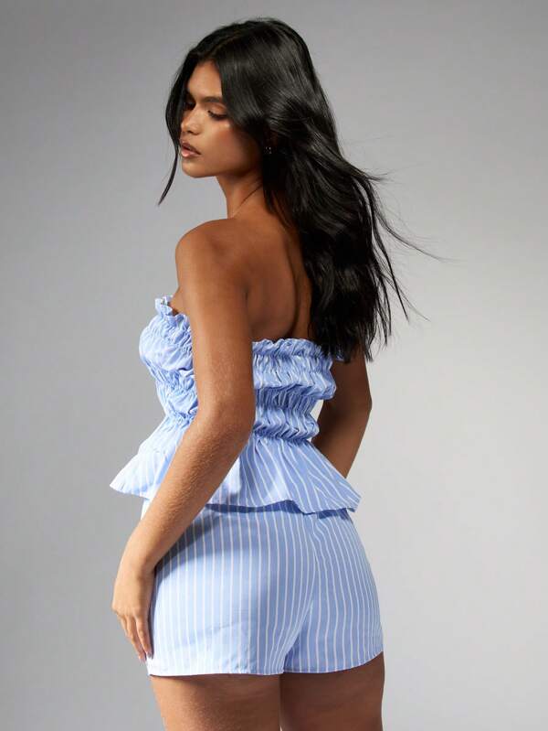 MISSGUIDED Stripe Ruched Bandeau Top High Waist Shorts Set