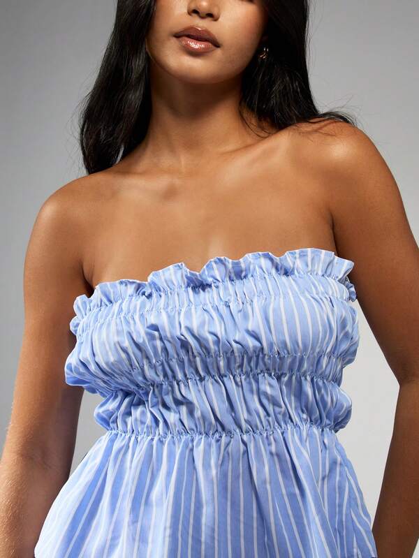 MISSGUIDED Stripe Ruched Bandeau Top High Waist Shorts Set