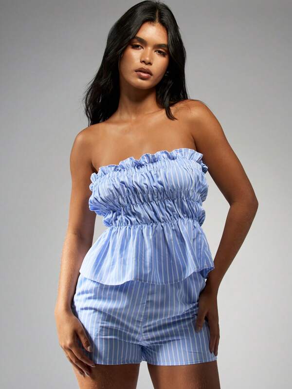 MISSGUIDED Stripe Ruched Bandeau Top High Waist Shorts Set