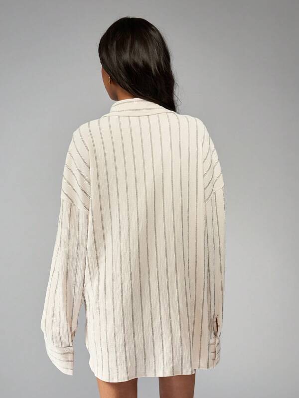 MISSGUIDED Striped Button-Down Shirt And Shorts Two-Piece Set With Long Sleeves