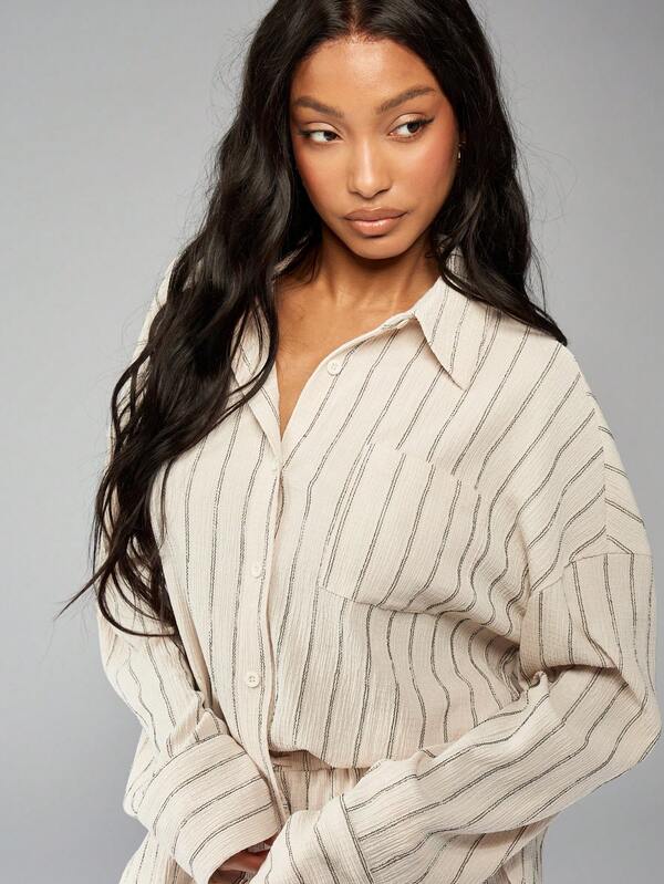 MISSGUIDED Striped Button-Down Shirt And Shorts Two-Piece Set With Long Sleeves