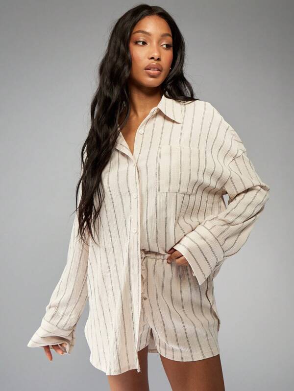 MISSGUIDED Striped Button-Down Shirt And Shorts Two-Piece Set With Long Sleeves