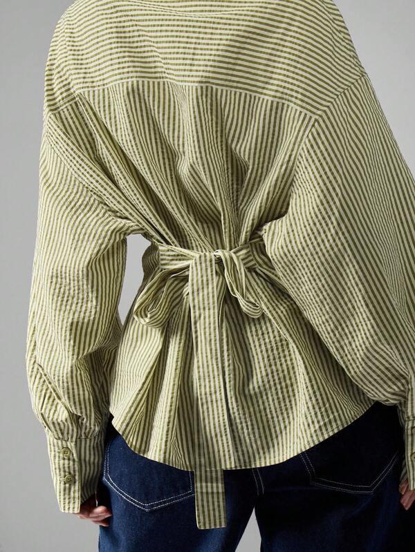 MISSGUIDED Striped Button Down Shirt With Back Tie Detail