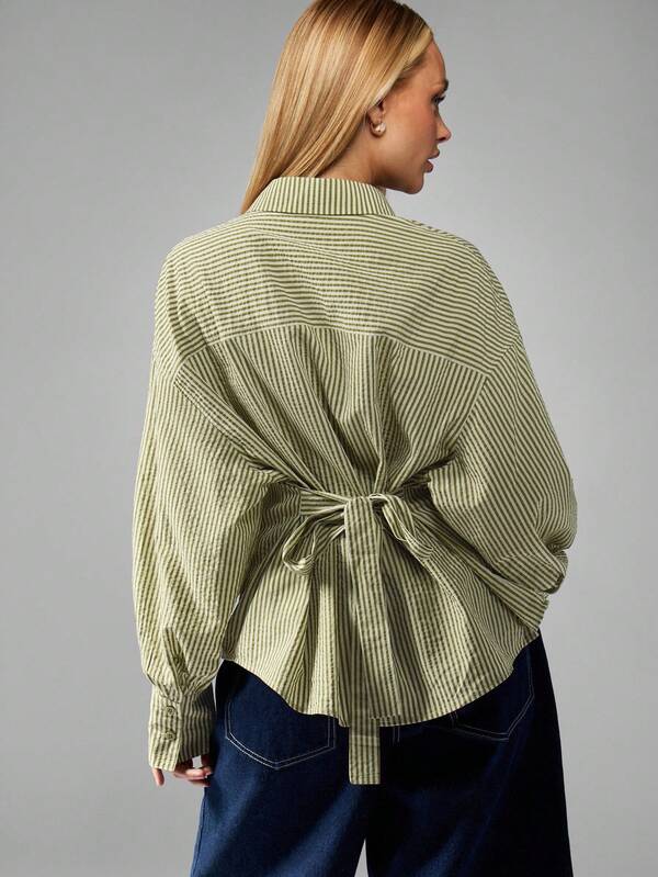 MISSGUIDED Striped Button Down Shirt With Back Tie Detail