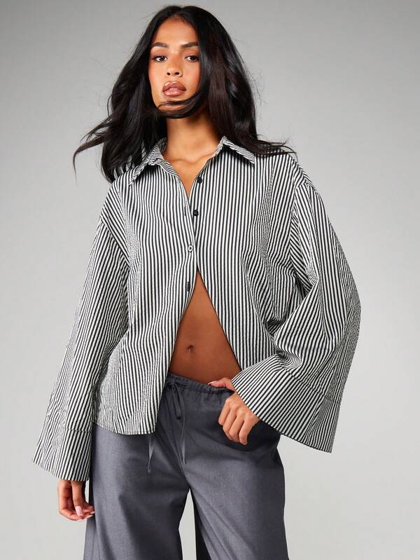 MISSGUIDED Striped Button Down Shirt With Collar