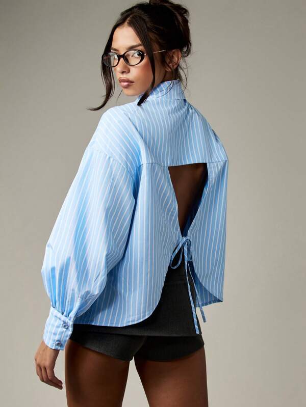 MISSGUIDED Striped Button Down Shirt With Open Back Tie Detail