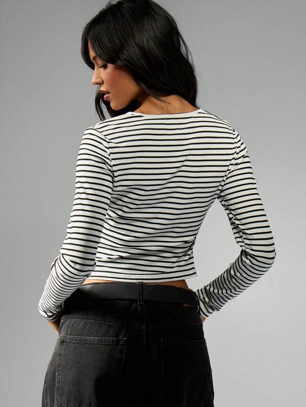 MISSGUIDED Striped Button Front Crop Ribbed Long Sleeve Top